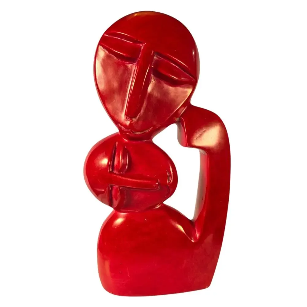 Vintage Modernist Hardstone Sculpture Mother and Child Abstract Red Statue Decor